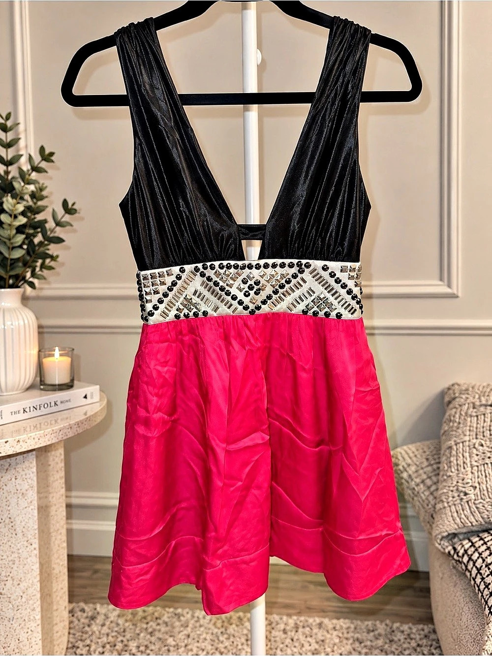 bebe Embellished Mini Dress Pink & Black